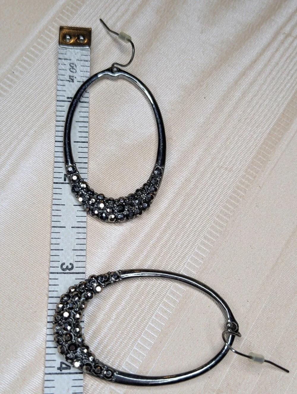 Dark Silver & Charcoal Crystsl Hoop Earrings Elongated Oval Dangle Pierced